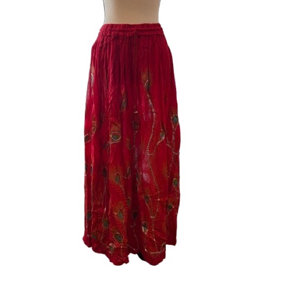 Boho Red Maxi Skirt Peacock Feather Print Sequins India Festival Gypsy - Picture 1 of 6